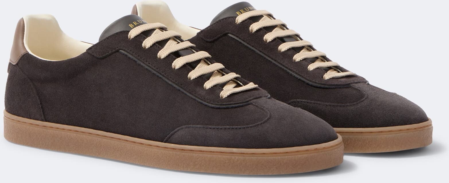 Brunello Cucinelli Tennis-Sneaker aus Veloursleder und Leder — Dunkelbraun