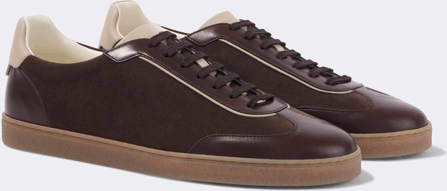 Brunello Cucinelli Tennis-Sneaker aus Veloursleder und Leder — Espresso