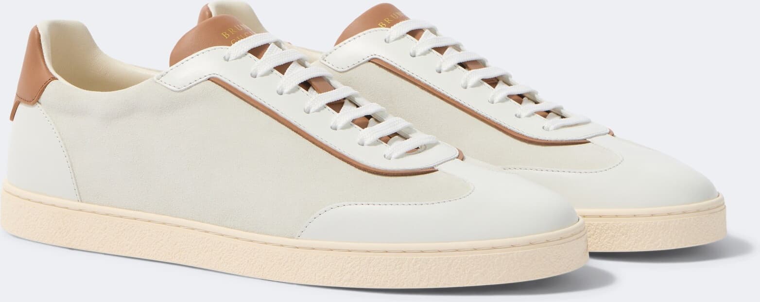 Brunello Cucinelli Tennis-Sneaker aus Veloursleder und Leder — Weiss Cognac