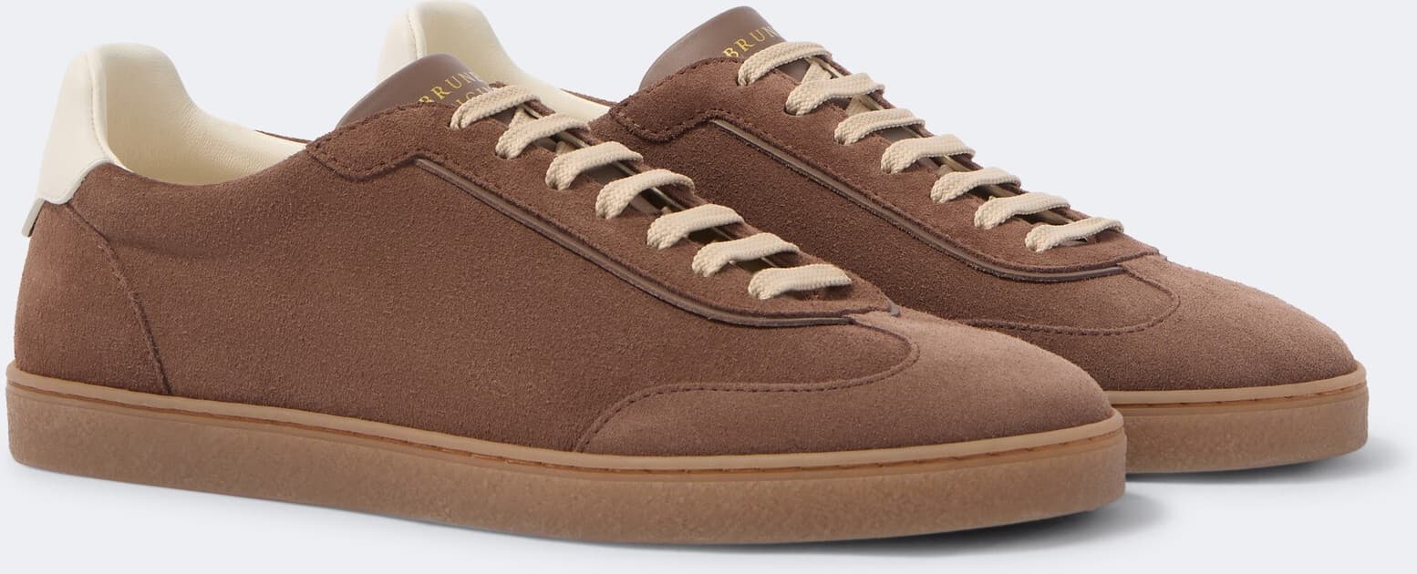 Brunello Cucinelli Tennis-Sneaker aus Veloursleder und Leder — Braun