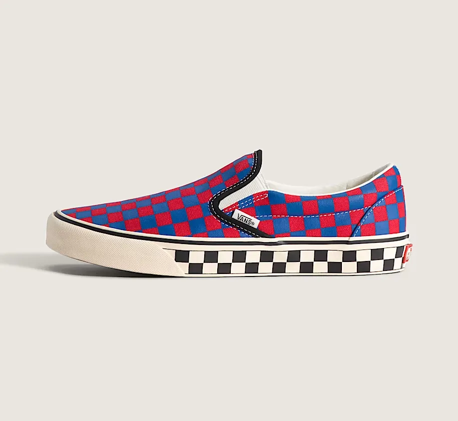 Vans Classic Slip-On Checkerboard Shoe — Red Blue
