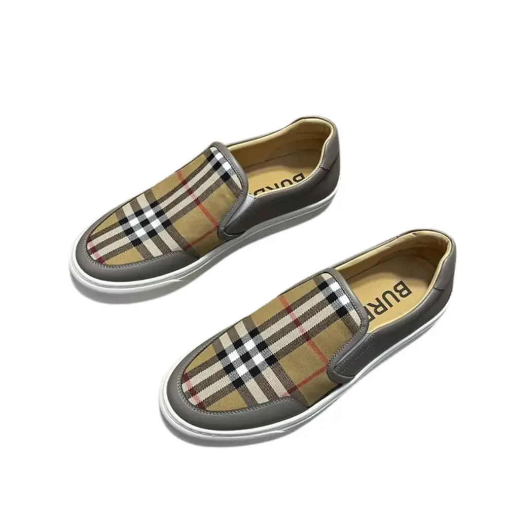 Burberry Burberry Check Cotton Slip-On Sneakers Leather Trim —