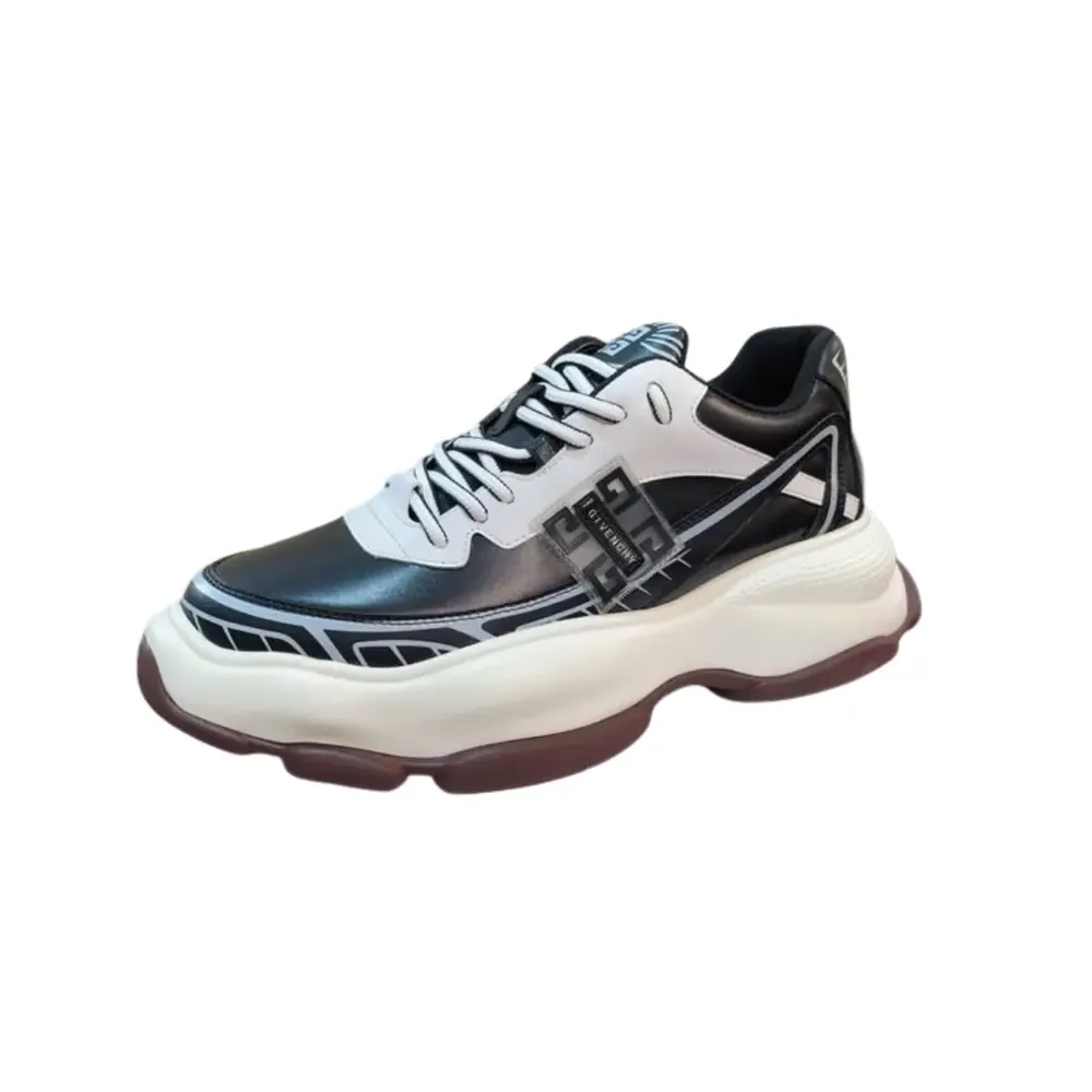 Givenchy Givenchy 4G Logo Embossed Low Top Sneakers — Black White Calf Leather Panelled Design With Patent Finish