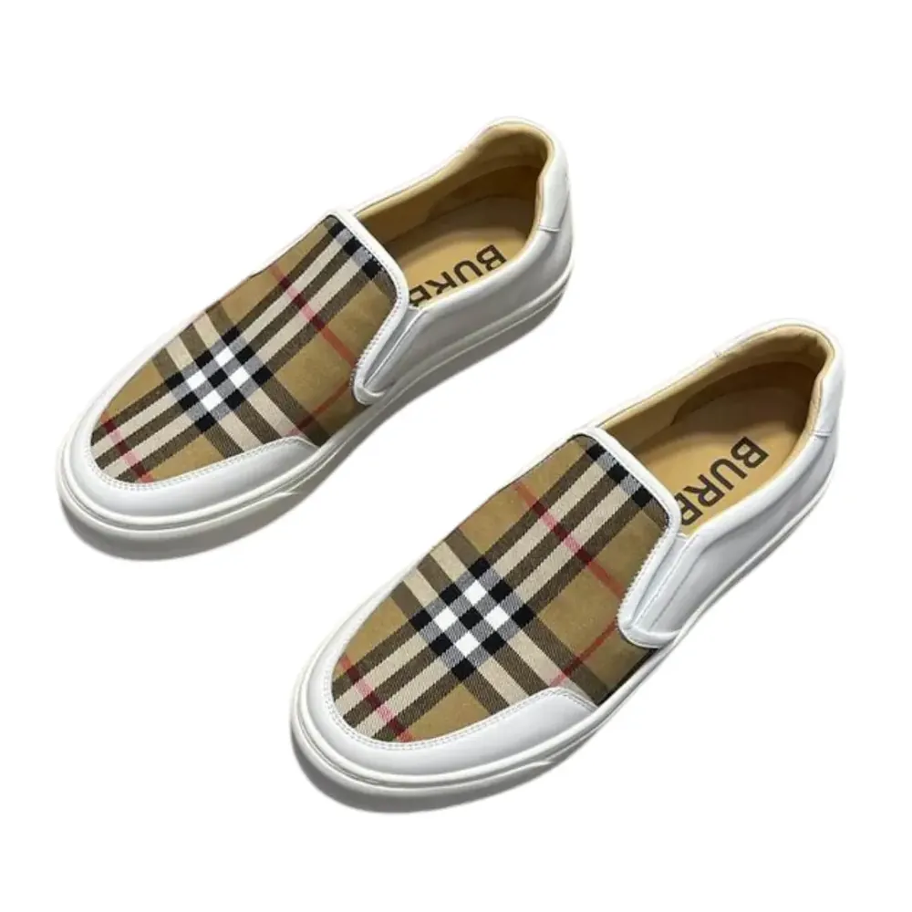 Burberry Burberry Slip-On Sneakers Archive — Beige Check Cotton White Leather