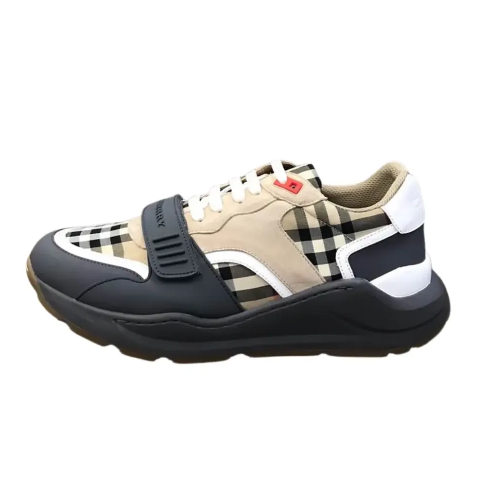 Burberry Burberry Ramsey Vintage Check Suede Leather Sneakers — Grey Archive Beige
