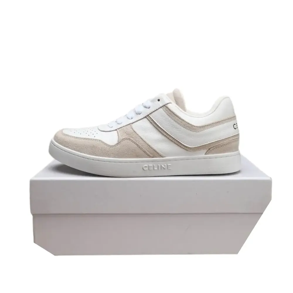 Celine Celine Low Top Trainer Sneakers — White Beige Suede Calfskin
