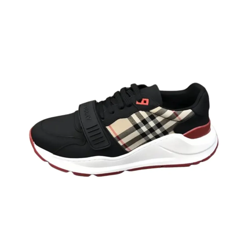 Burberry Burberry Ramsey — Black Leather Vintage Check Cotton Sneakers