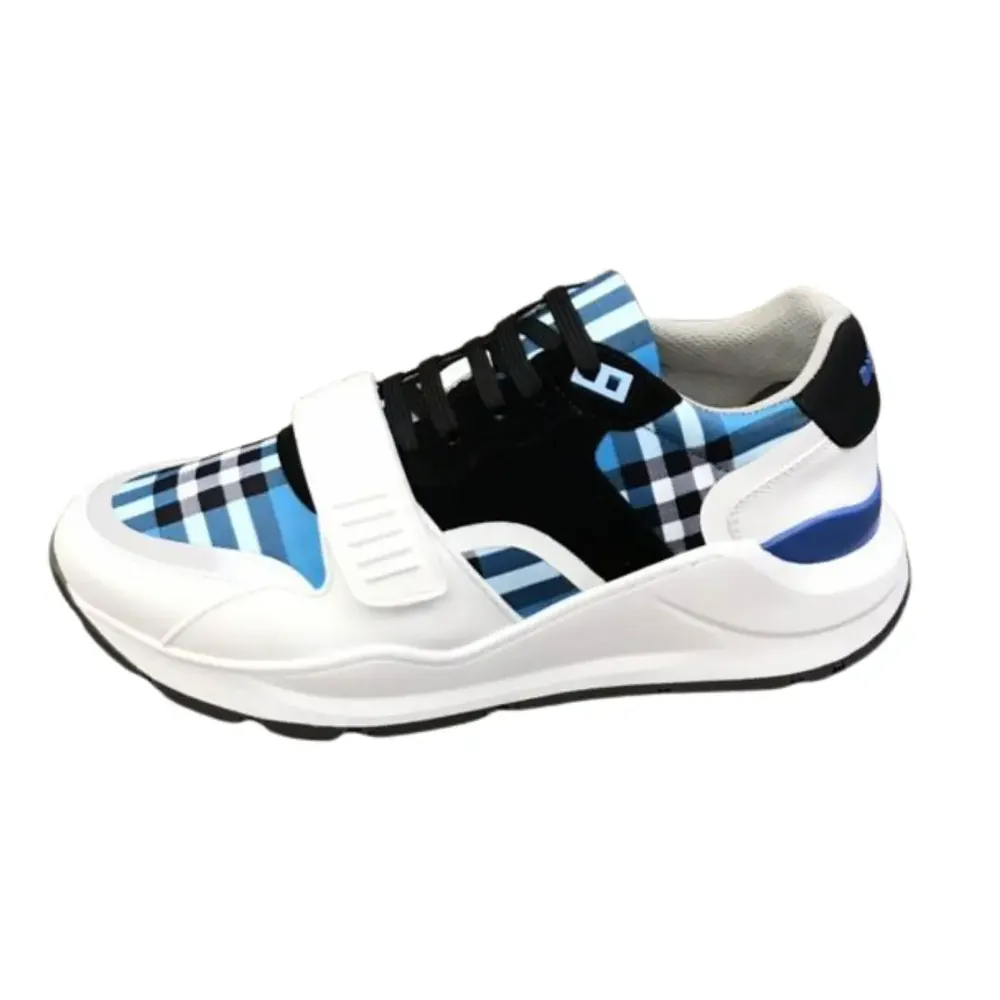 Burberry Burberry Ramsey Low-Top Sneakers — Blue Check Nylon Black White Accents