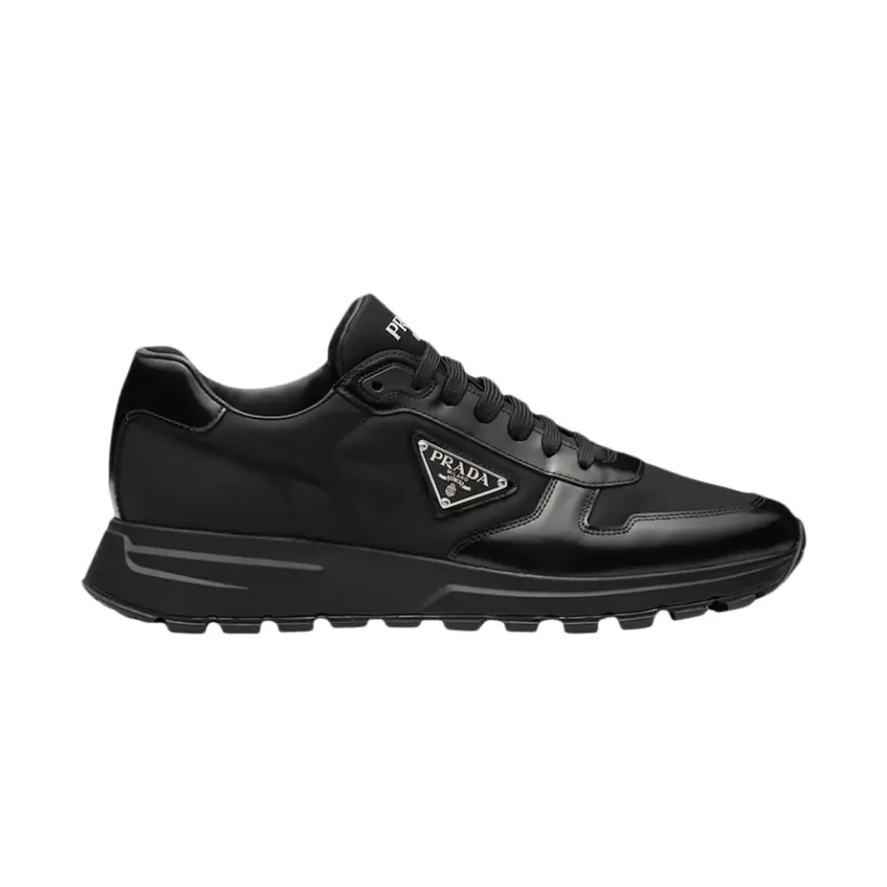 Prada Prada Prax 01 Leather Sneakers — Black Enamel Metal Triangle
